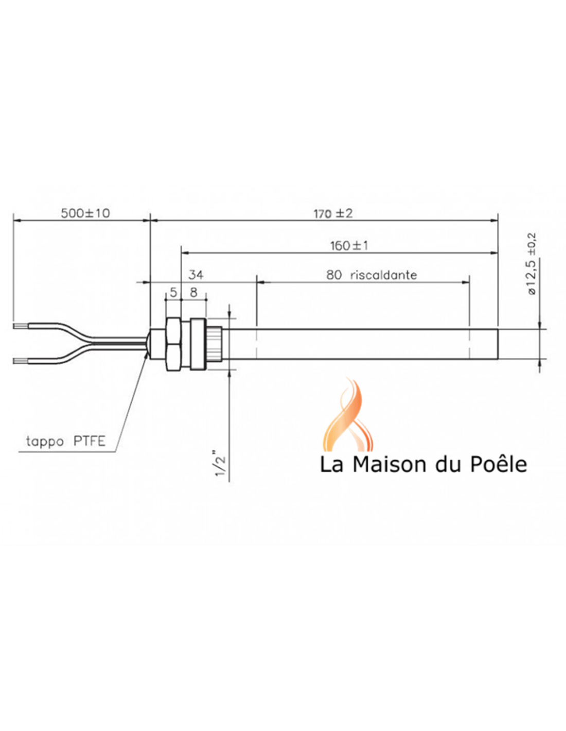 Bougie d'allumage 350 W L= 160 mm diam. 12.5 mm fils 500 mm - Pièce  Palazzetti